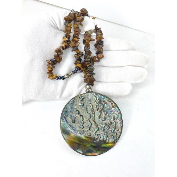 Vintage Abalone Medallion Disc Necklace Tigers Eye chips polished stones Brown - Picture 7 of 12